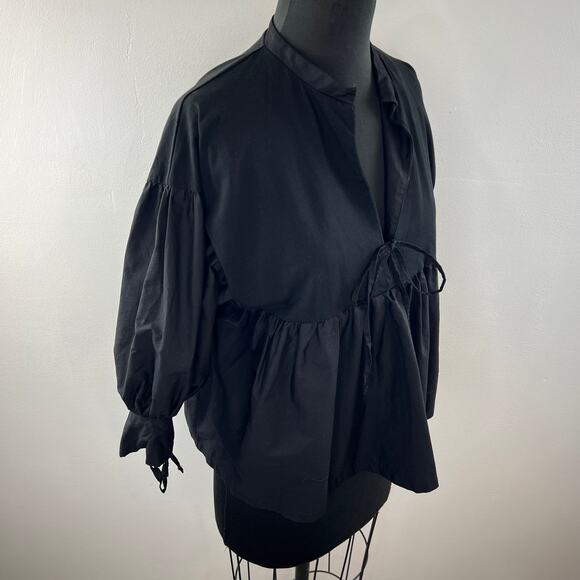 ZARA Black S Poplin Blouse Drawstring Rib V-Neck Ruffle Sleeves Pullover Regular - Picture 6 of 10